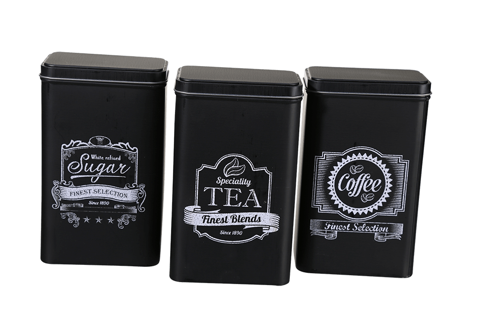 Black rectangular tin box, Coffee, Tea & Sugar,