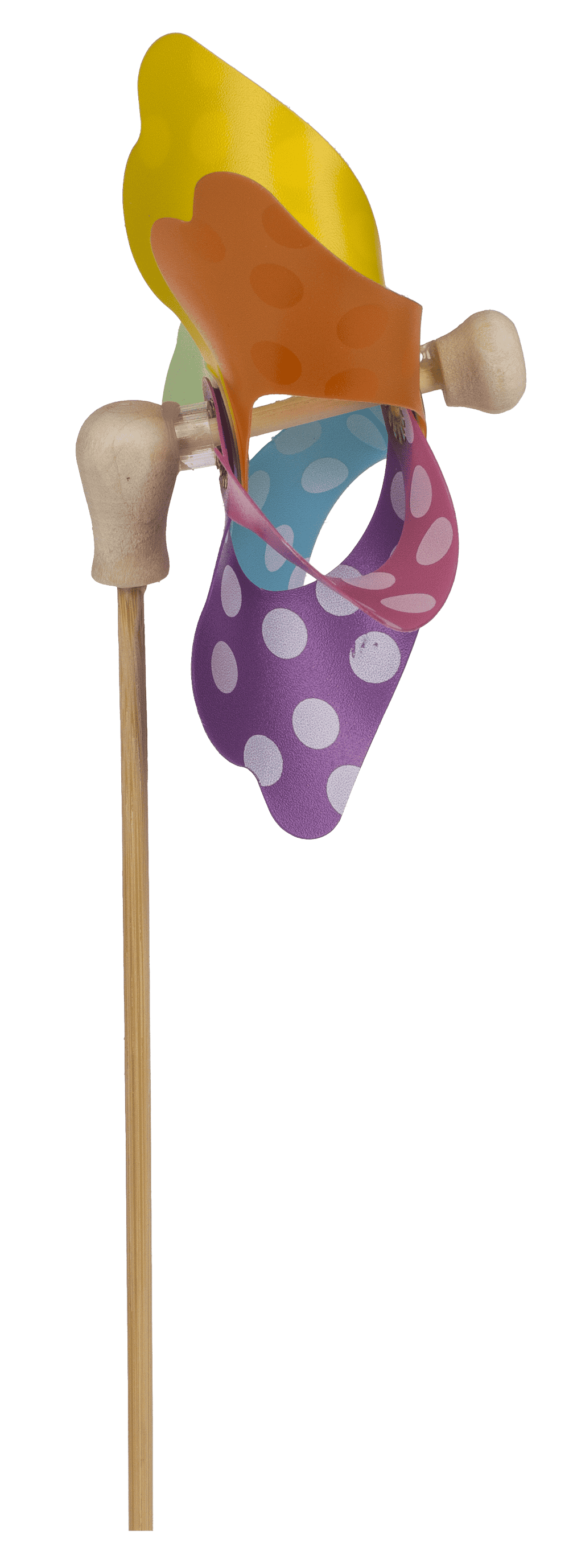 Multicoloured windmilll with white dots on wooden,