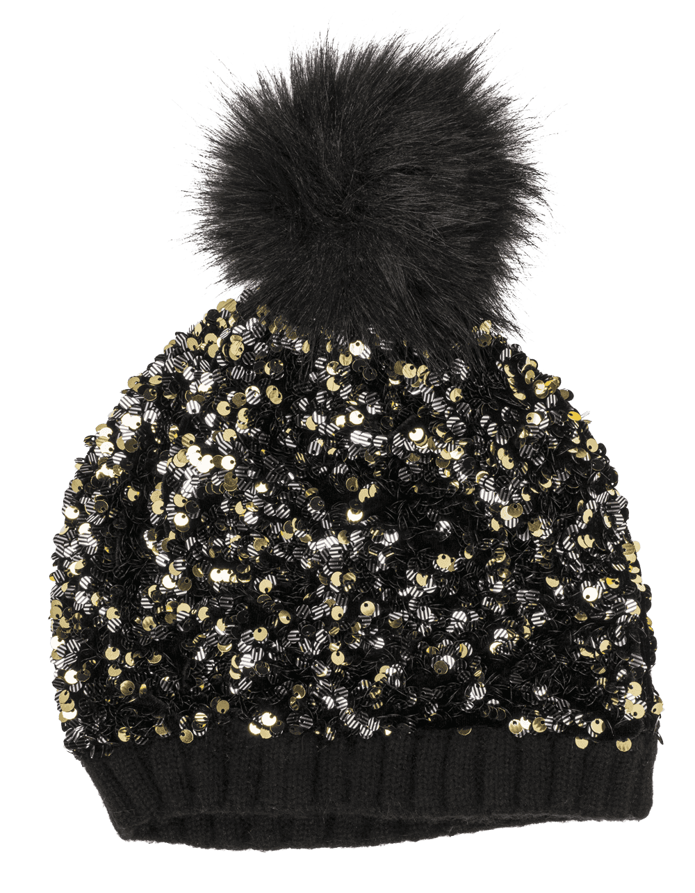 Comfort cap with artifical fur pompom & sequins