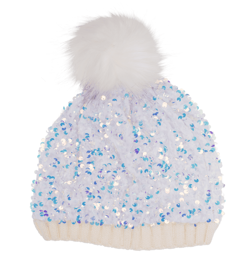 Comfort cap with artifical fur pompom & sequins