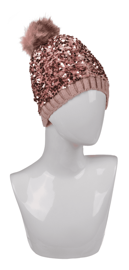 Comfort cap with artifical fur pompom & sequins