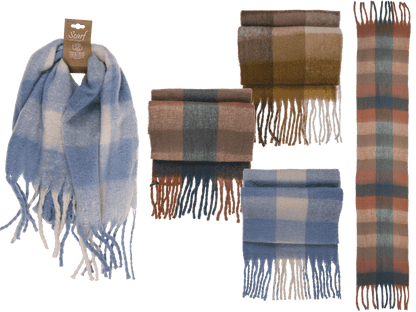 Checked fluffy scarf with tassels,