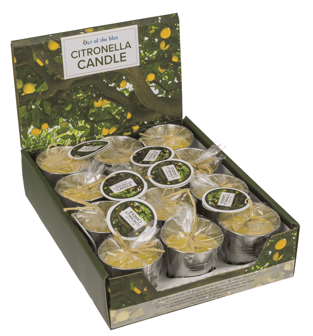 Lemon-scented candle in zinc pot,