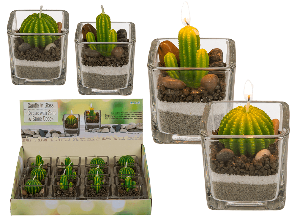 Candle in glass, Cactus with sand & stone deco,