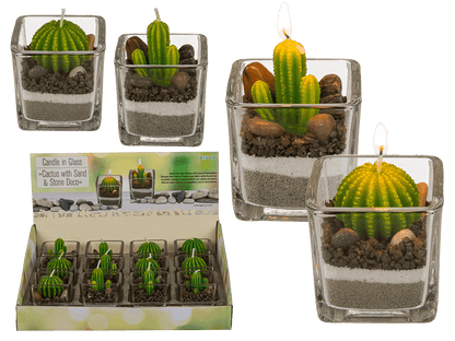 Candle in glass, Cactus with sand & stone deco,