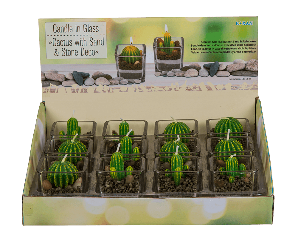 Candle in glass, Cactus with sand & stone deco,