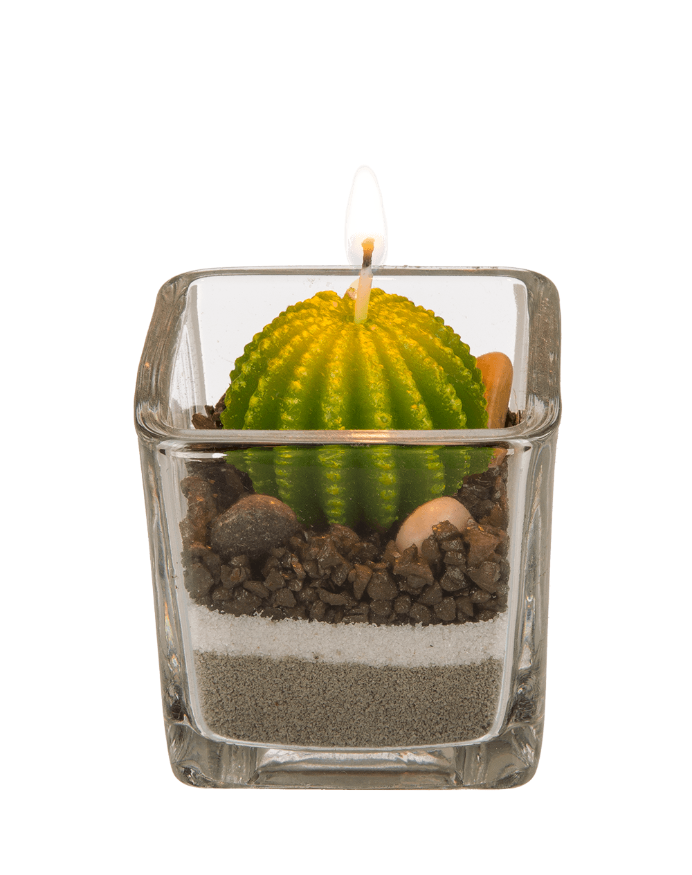 Candle in glass, Cactus with sand & stone deco,