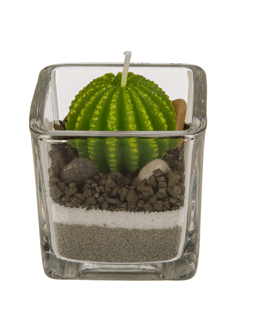 Candle in glass, Cactus with sand & stone deco,