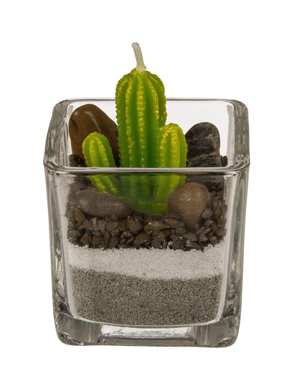 Candle in glass, Cactus with sand & stone deco,
