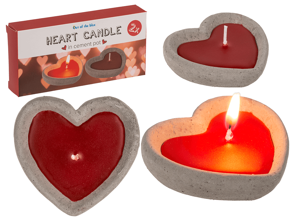 Red candle in cement pot, heart shaped,