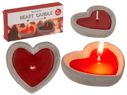Red candle in cement pot, heart shaped,