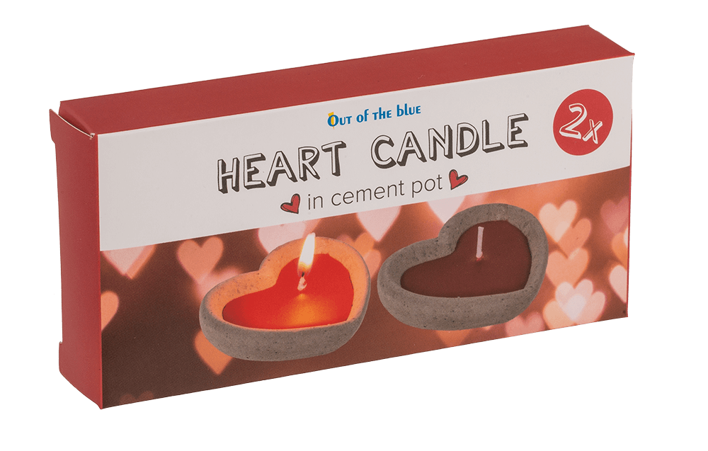 Red candle in cement pot, heart shaped,