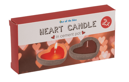 Red candle in cement pot, heart shaped,