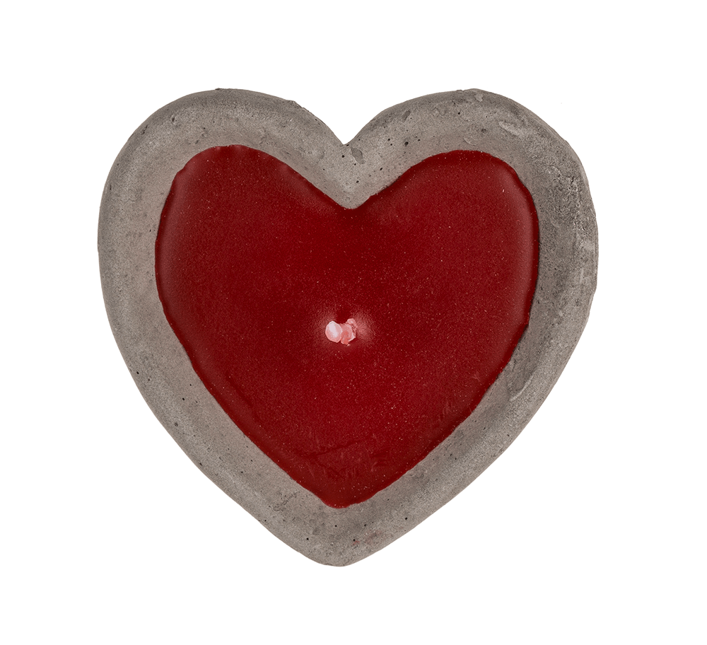 Red candle in cement pot, heart shaped,