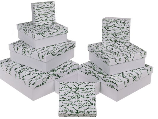 White gift boxes, Eucalyptus,