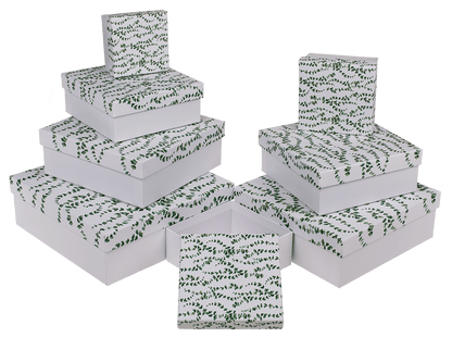 White gift boxes, Eucalyptus,