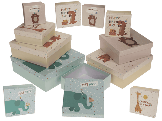 Multicoloured gift boxes, Birthday animals,
