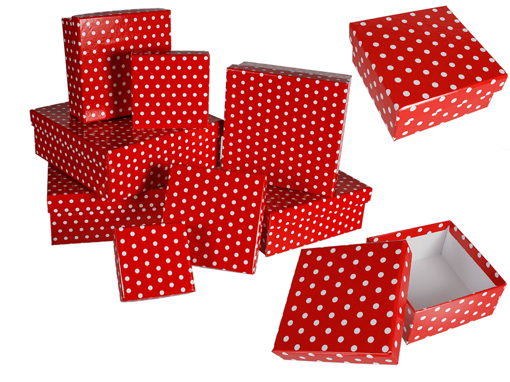 Red gift boxes with white dots,
