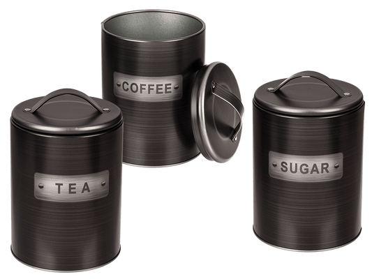 Black, round metal tin,