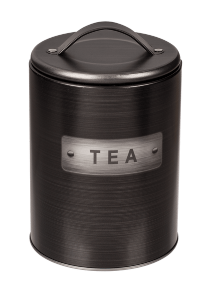 Black, round metal tin,