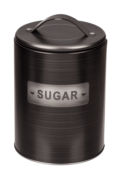Black, round metal tin,