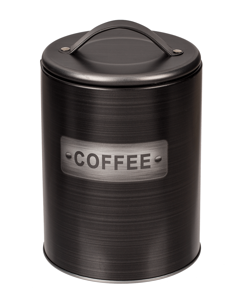 Black, round metal tin,