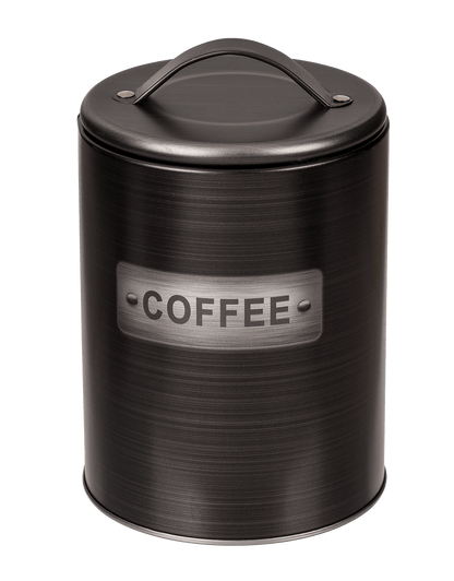 Black, round metal tin,