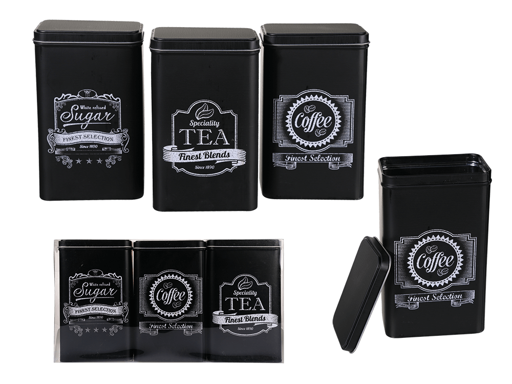 Black rectangular tin box, Coffee, Tea & Sugar,