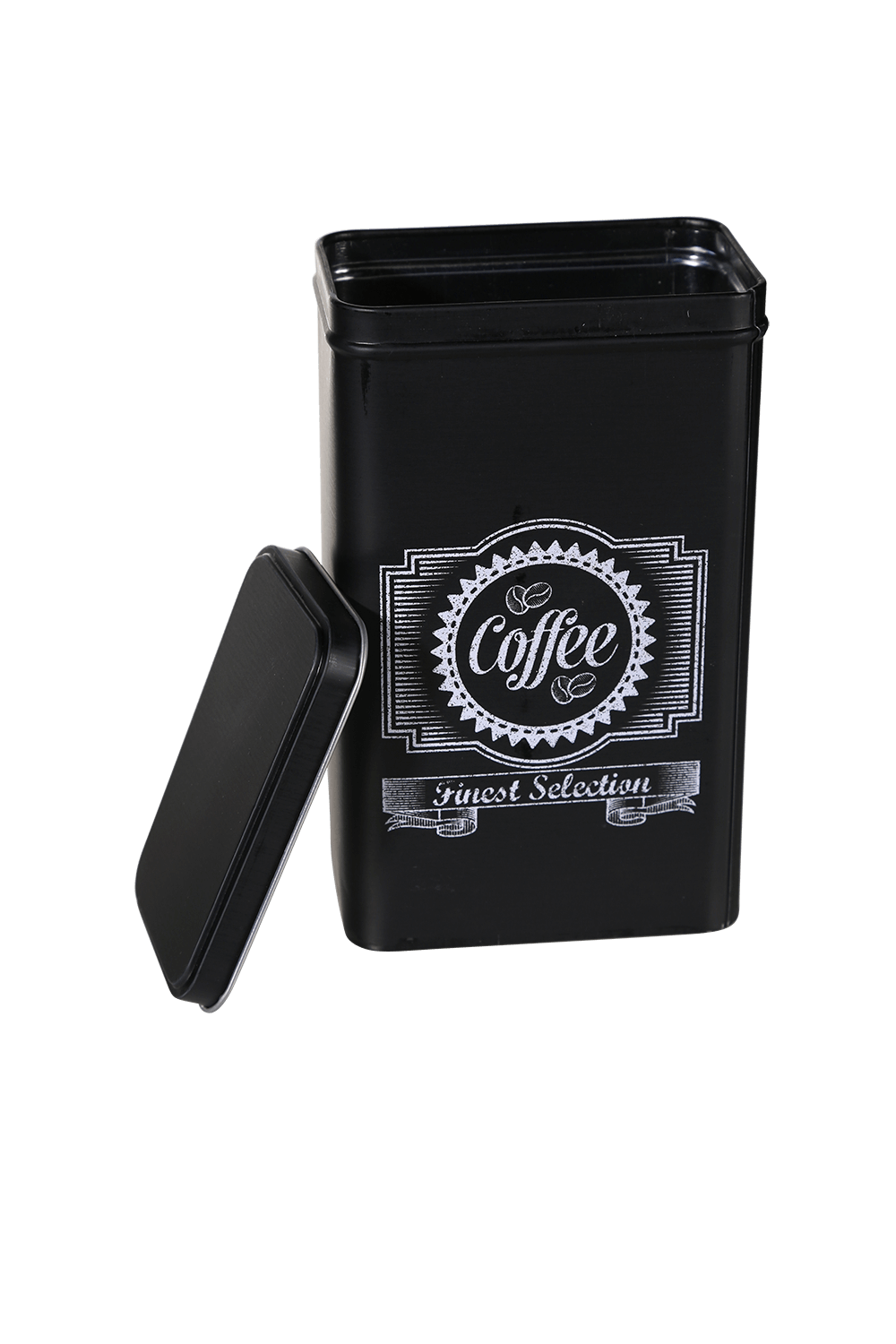 Black rectangular tin box, Coffee, Tea & Sugar,