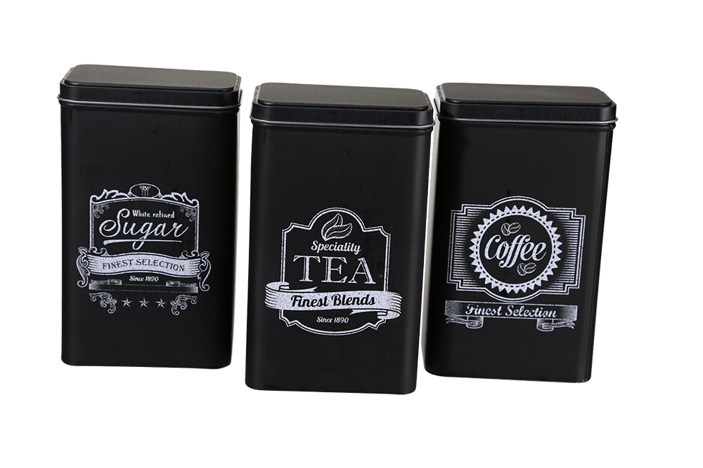 Black rectangular tin box, Coffee, Tea & Sugar,