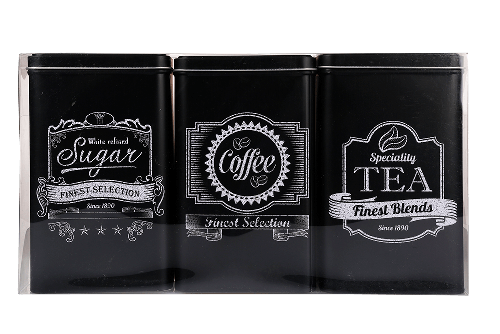 Black rectangular tin box, Coffee, Tea & Sugar,