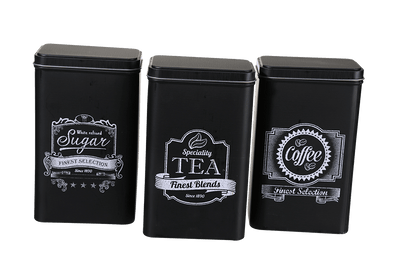 Black rectangular tin box, Coffee, Tea & Sugar,