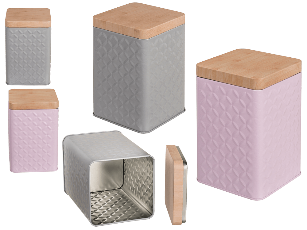 Rectangular tin box with bamboo look cover,