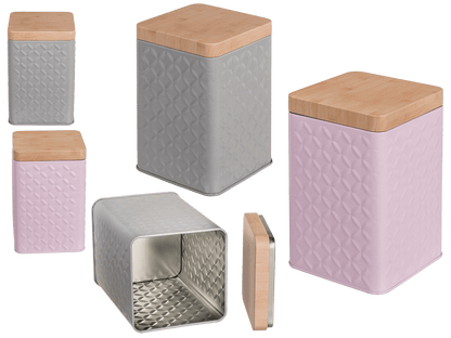 Rectangular tin box with bamboo look cover,