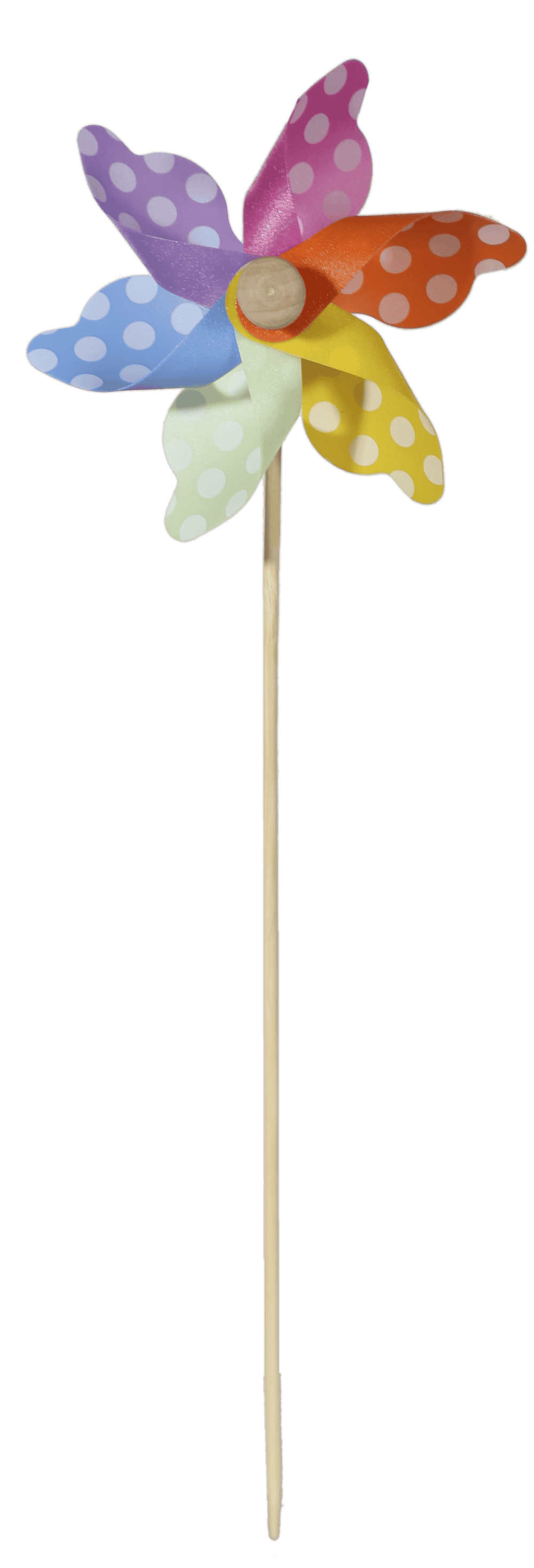 Multicoloured windmilll with white dots on wooden,