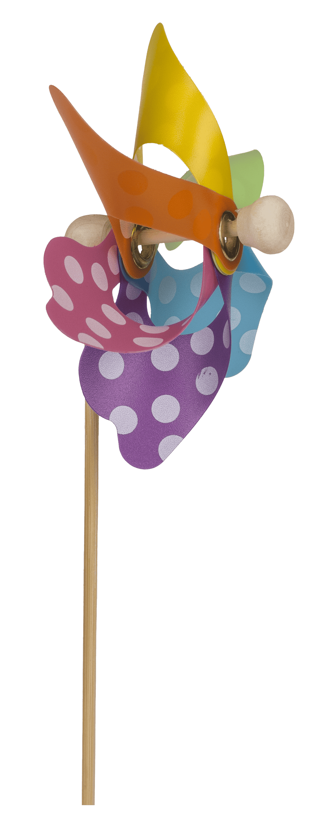 Multicoloured windmilll with white dots on wooden,