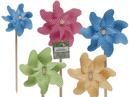 Coloured windmill with dots on wooden stick,