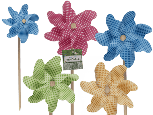 Coloured windmill with dots on wooden stick,