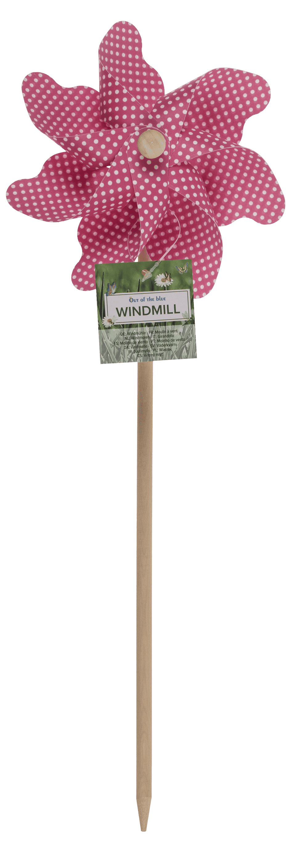 Coloured windmill with dots on wooden stick,