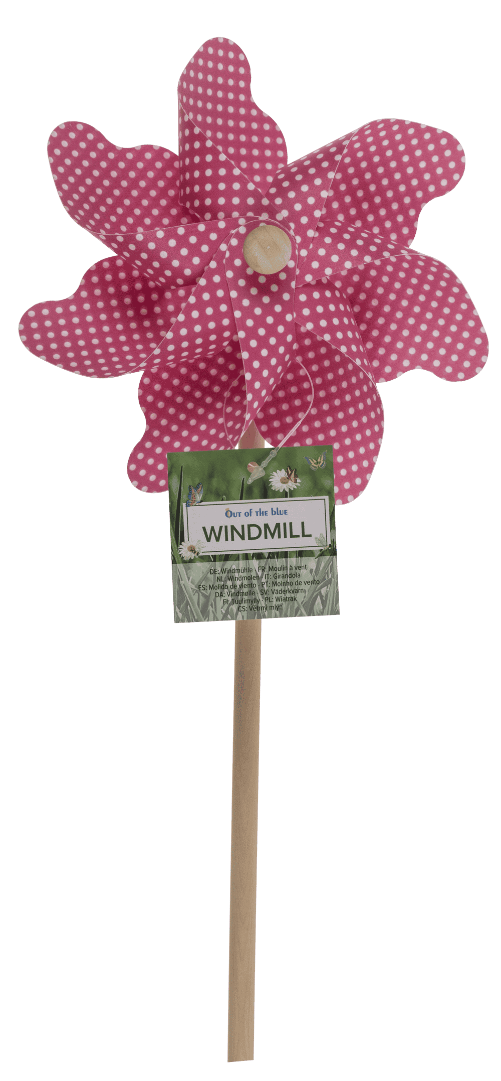 Coloured windmill with dots on wooden stick,