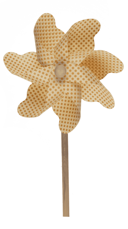 Coloured windmill with dots on wooden stick,