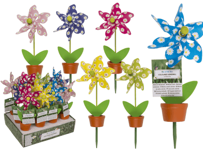 Coloured Windmill in Plant Pot with wooden stake,