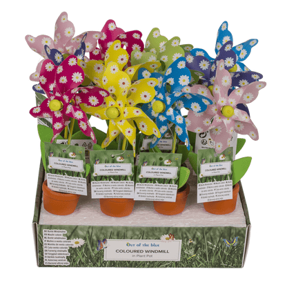 Coloured Windmill in Plant Pot with wooden stake,
