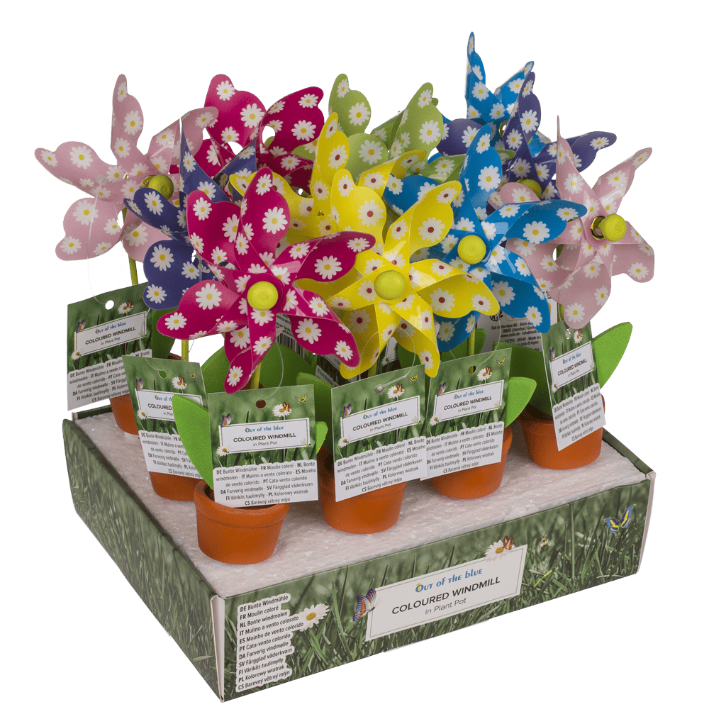 Coloured Windmill in Plant Pot with wooden stake,