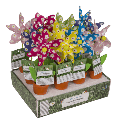 Coloured Windmill in Plant Pot with wooden stake,