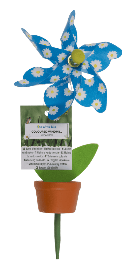 Coloured Windmill in Plant Pot with wooden stake,