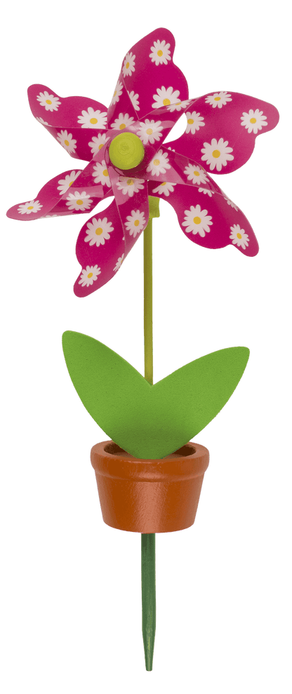 Coloured Windmill in Plant Pot with wooden stake,