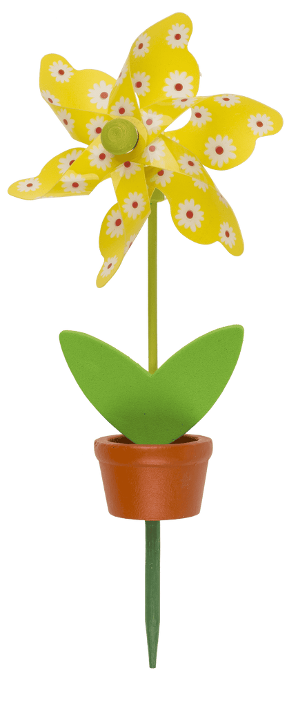 Coloured Windmill in Plant Pot with wooden stake,