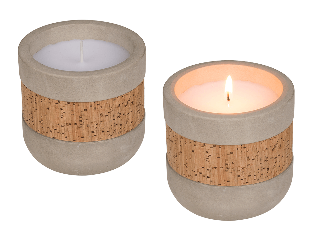 Candle in cement pot with corc decoration,