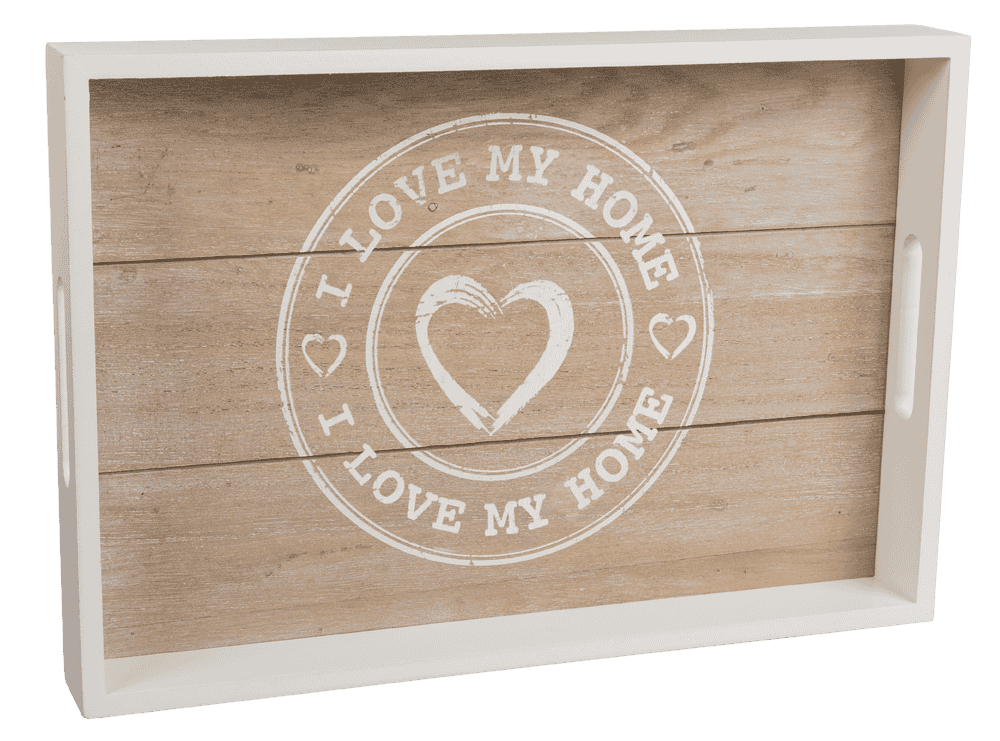 White/nature coloured wooden tray, I love my home,